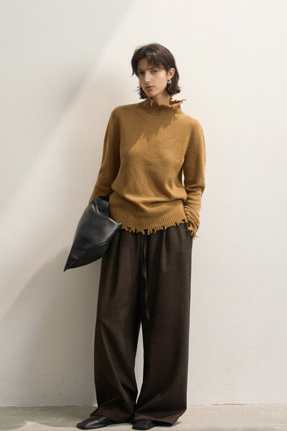 Pulls à col montant et franges pour femmes, col rabattu, couleur unie, épais et chaud