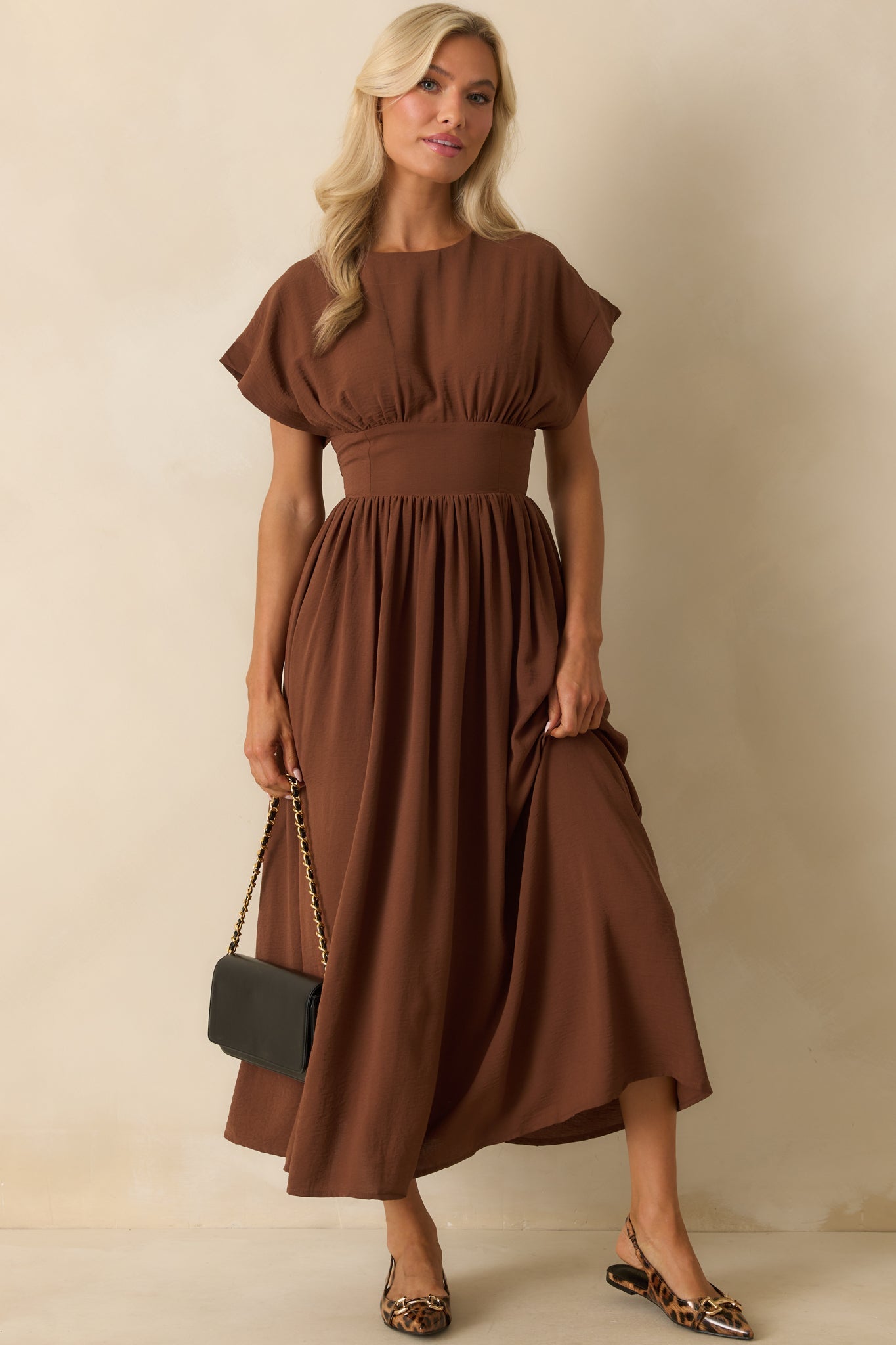 As Promised Brown Short Sleeve Cinched Waist Maxi Dress - Seldom Seen Styles