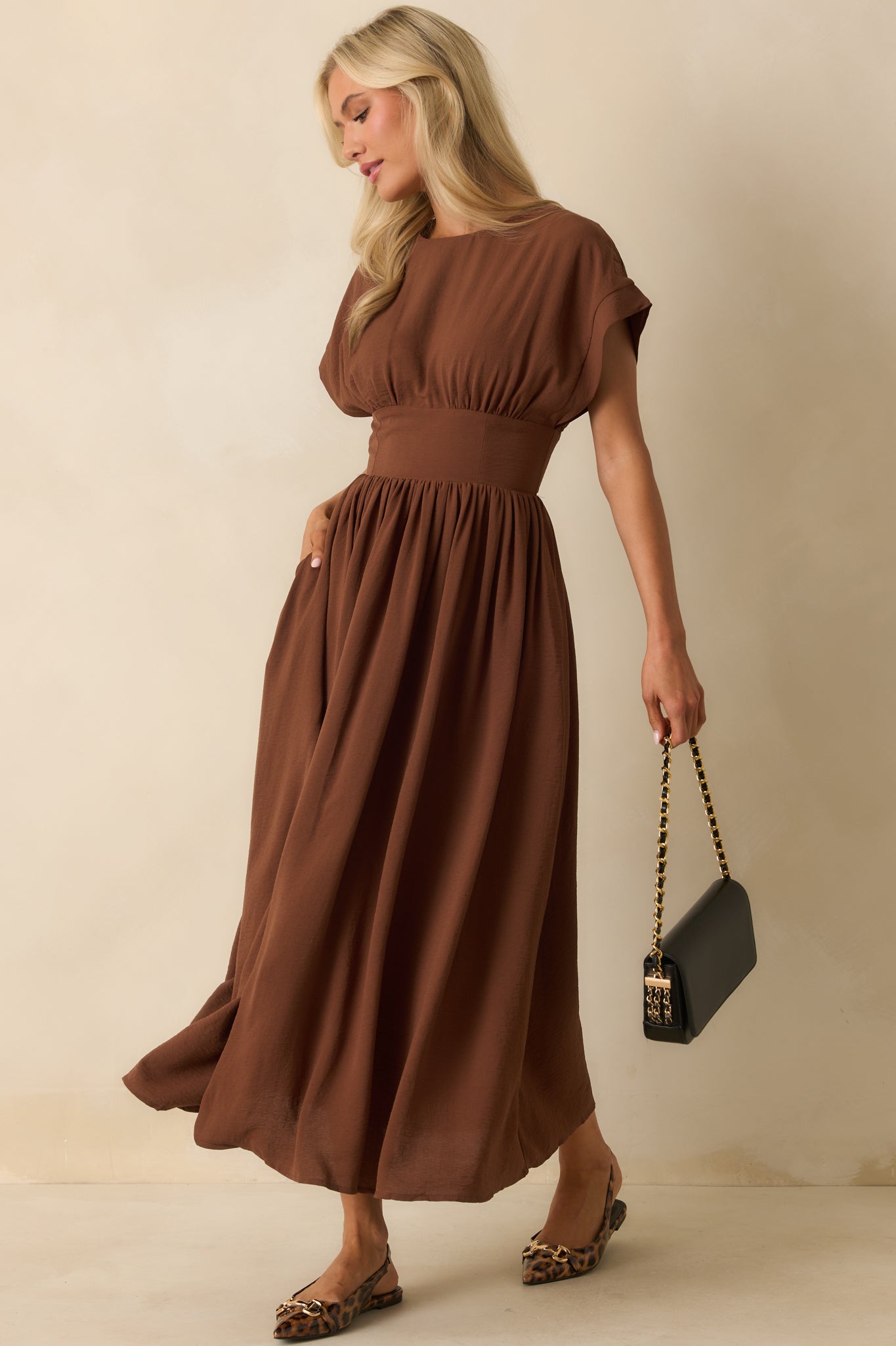 As Promised Brown Short Sleeve Cinched Waist Maxi Dress - Seldom Seen Styles