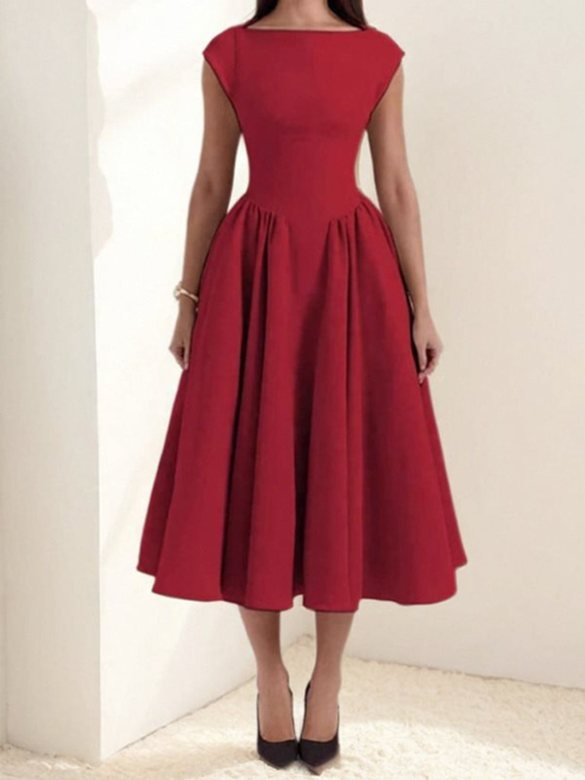 Full Size Cap Sleeve A-Line Midi Dress Plus Size - Seldom Seen Styles