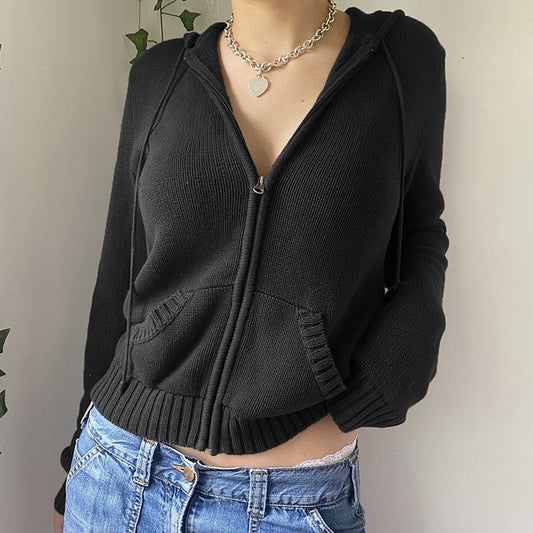 Women's Solid Drawstring Full Zip Up Hooded Spring Crochet Cardigan, Back To School Outfits, Drop Shoulder Kitting Fall Sweater Tops, Cardigan for Women, Casual Solid Dual Pocket Fall Outerwear for New Style, Fall outfits, Fallfreshness - Seldom Seen Styles