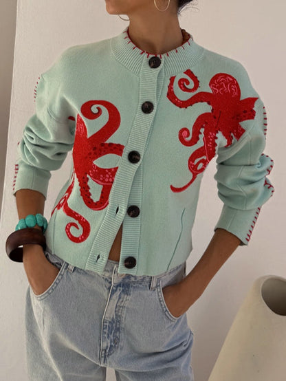 Cardigan en maille motif pieuvre amusant