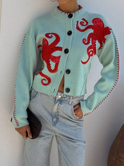 Cardigan en maille motif pieuvre amusant