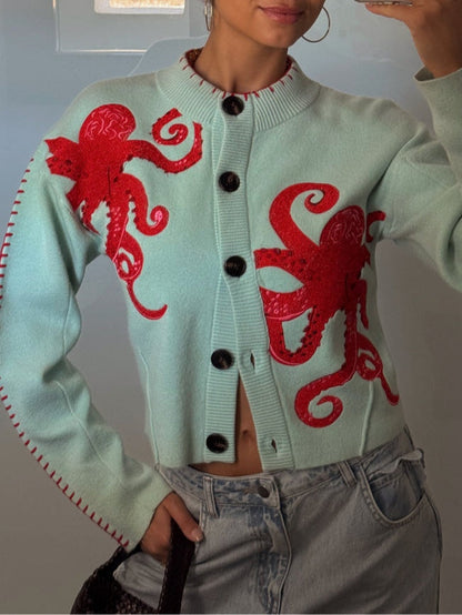 Cardigan en maille motif pieuvre amusant