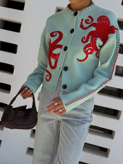 Cardigan en maille motif pieuvre amusant