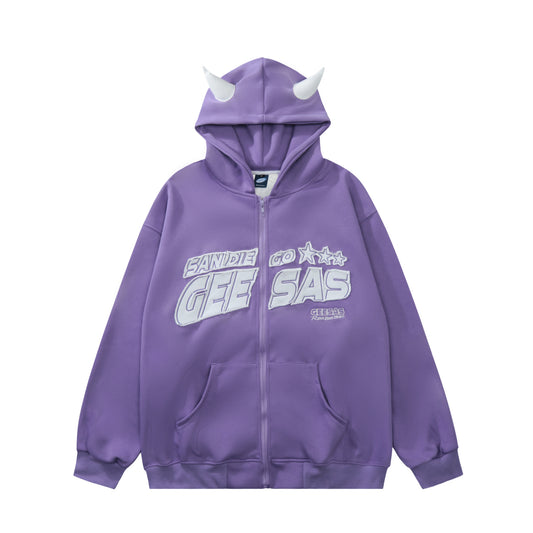 GEESAS San Diego Devil Horn Zip-Up Fleece Hoodie Oversized Streetwear Y2K Grunge Warm Winter Pullover Sweatshirt | Devil Horn - Seldom Seen Styles