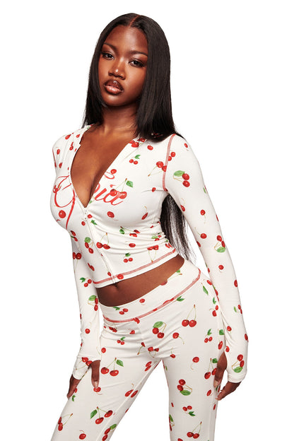 Women's Cherry Print Zip Up Bodycon Hoodie Long Sleeve Thumb Hole Bamboo Viscose Casual Y2K Festival Streetwear Top