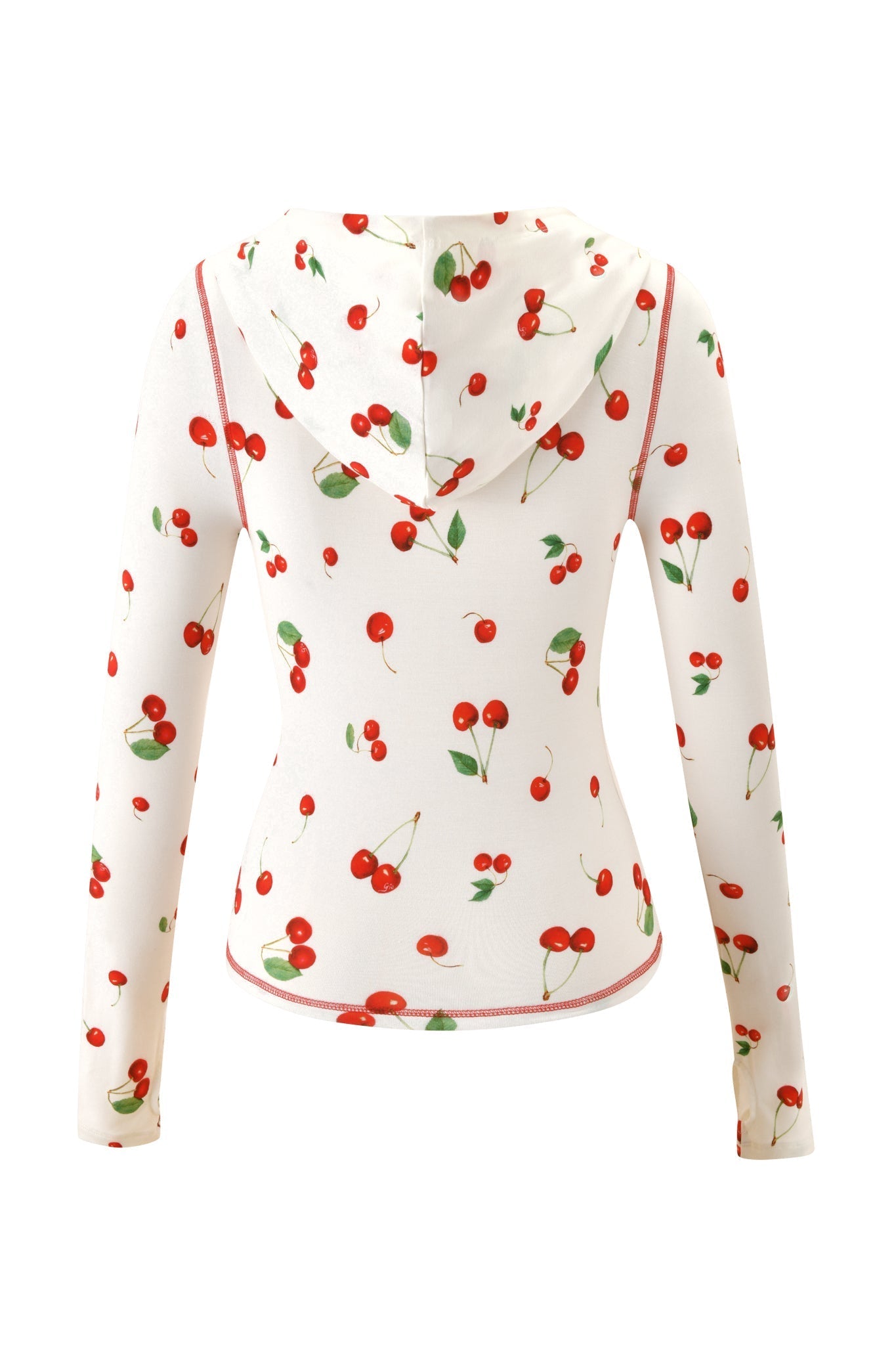 The I.AM.GIA BLARE HOODIE - CHERRY ON TOP is displayed from the back, highlighting its soft white fabric decorated with red cherries and green leaves.