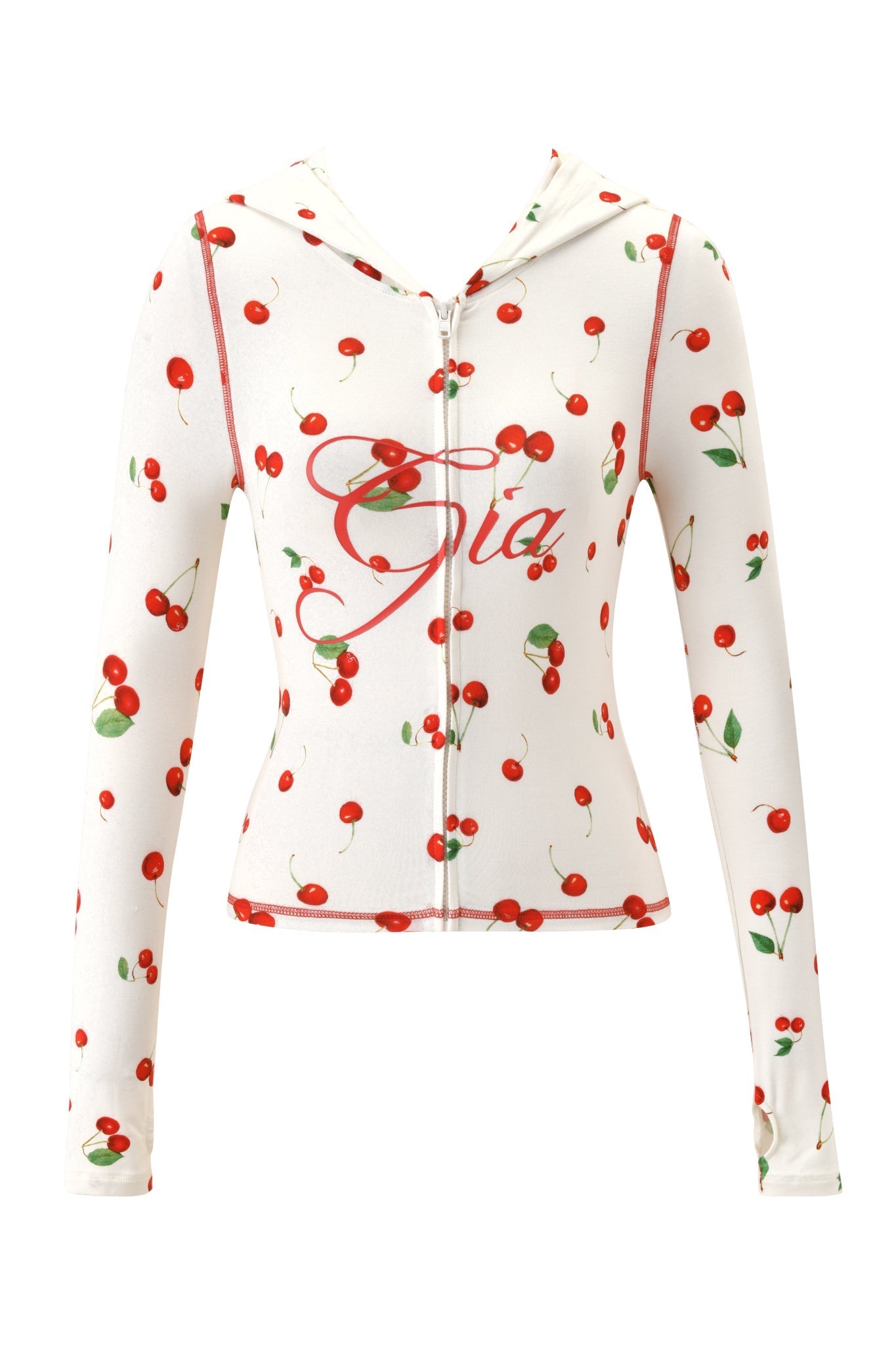 The BLARE HOODIE - CHERRY ON TOP by I.AM.GIA is a white, fitted zip-up hoodie with long sleeves, a hood, cherry-on-top print, and "Gia" in red script across the chest.