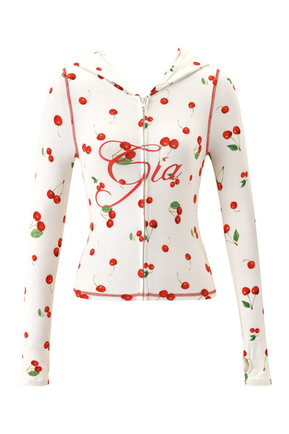 Women's Cherry Print Zip Up Bodycon Hoodie Long Sleeve Thumb Hole Bamboo Viscose Casual Y2K Festival Streetwear Top