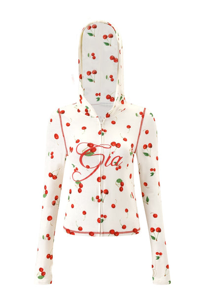 Women's Cherry Print Zip Up Bodycon Hoodie Long Sleeve Thumb Hole Bamboo Viscose Casual Y2K Festival Streetwear Top