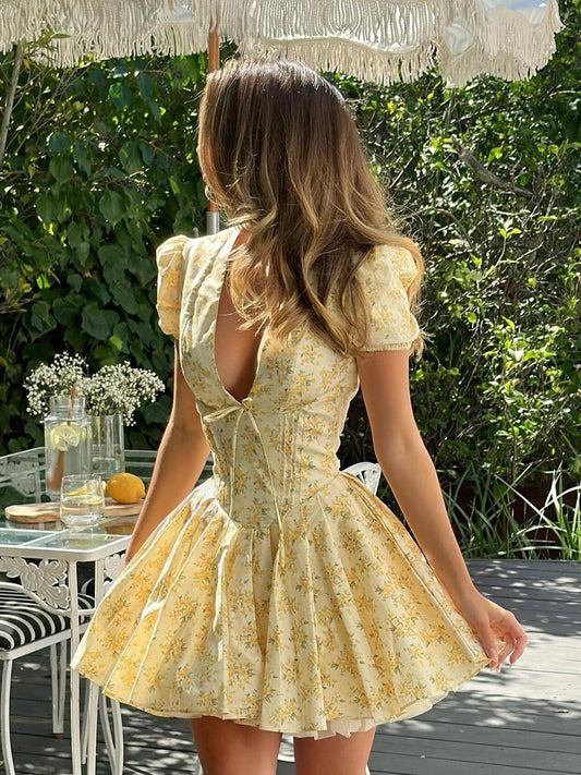 Gabrielle | Women’s Floral A Line Puff Sleeve Mini Dress - Seldom Seen Styles