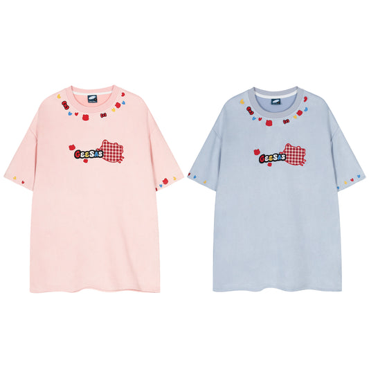 Geesas Plaid Cat Graphic Embroidered Heart Tee Oversized Short Sleeve Cute Kawaii Streetwear Y2K Summer T-Shirt | Kitty Heart - Seldom Seen Styles