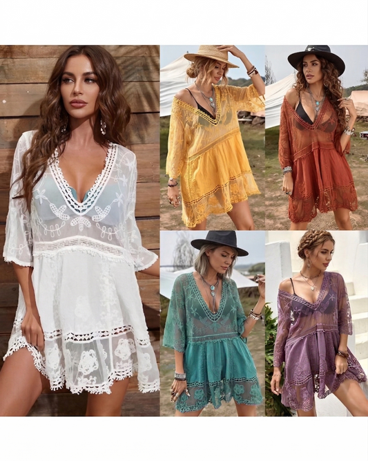 Boho Lace Beach Cover-Up Dress – V-Neck Sheer Swim Cover(Buy 2 Free Shipping) - Seldom Seen Styles
