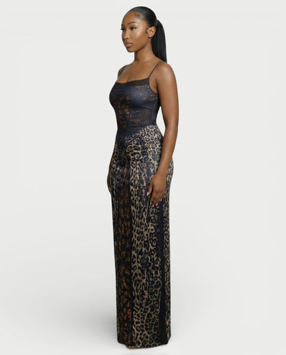 CAITLYN Leopard Print Lace-up Waist Maxi Dress