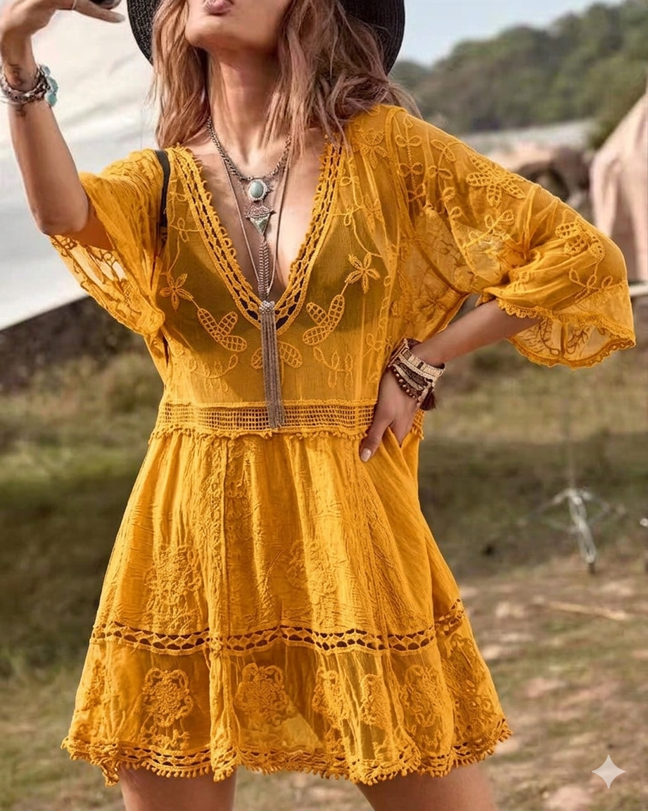 Women's V-Neck Lace Crochet Beach Cover Up Sheer Boho Swimsuit Coverup Summer Vacation Bikini Top - Seldom Seen Styles
