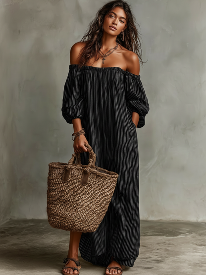 Women's Loose Cotton-Linen Off-Shoulder Long Sleeve Maxi Dress