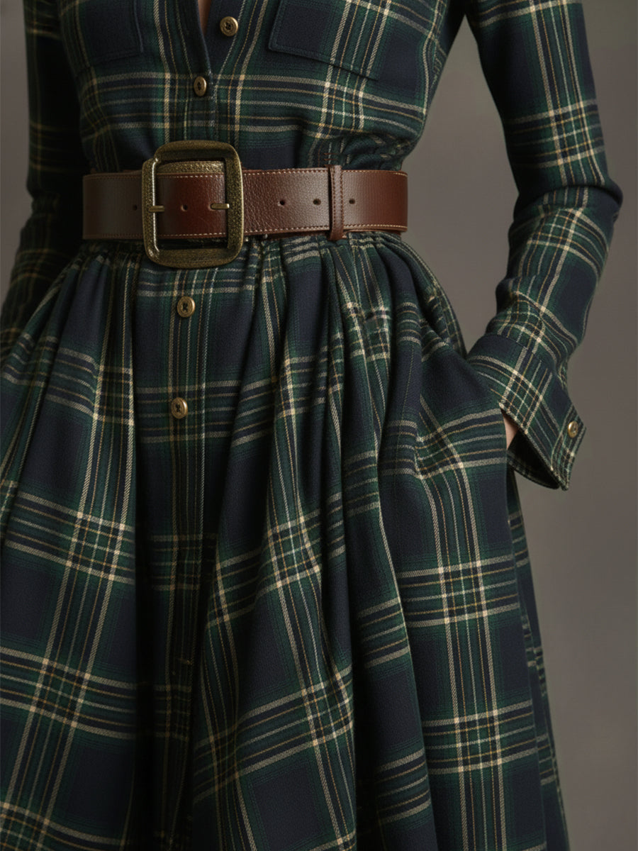 Retro Ethnic Style Lapel Reddish Brown Plaid Maxi Dress - Seldom Seen Styles