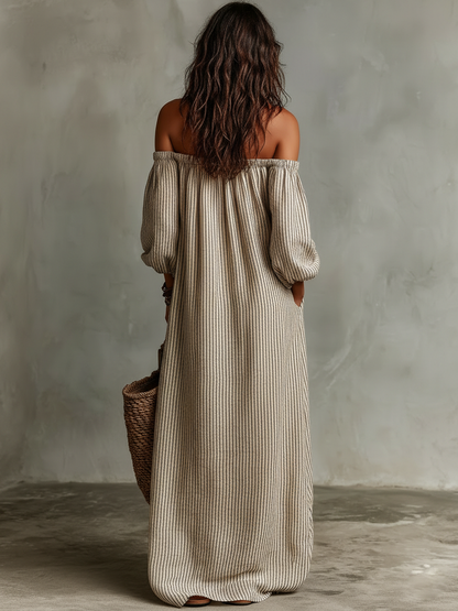 Women's Loose Cotton-Linen Off-Shoulder Long Sleeve Maxi Dress