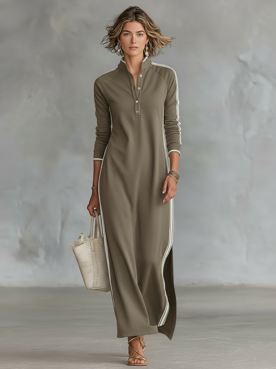 Women's Minimalist White-trimmed Button-down Collar Sweatshirt Dress Maxi Dress MDA0958L0Y - Seldom Seen Styles