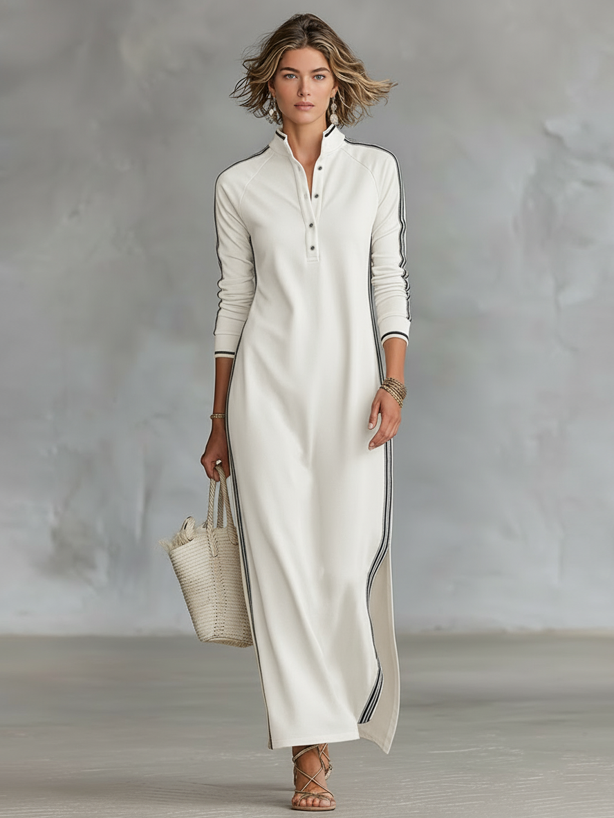 Women's Minimalist White-trimmed Button-down Collar Sweatshirt Dress Maxi Dress MDA0958L0Y - Seldom Seen Styles