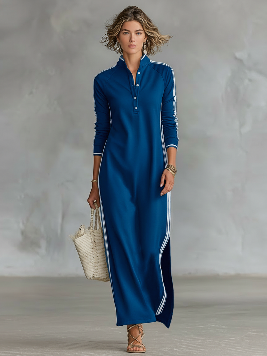 Women's Minimalist White-trimmed Button-down Collar Sweatshirt Dress Maxi Dress MDA0958L0Y - Seldom Seen Styles