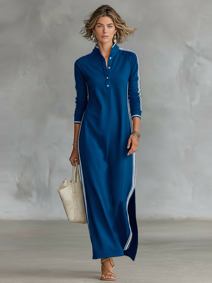 Women's Minimalist White-trimmed Button-down Collar Sweatshirt Dress Maxi Dress MDA0958L0Y