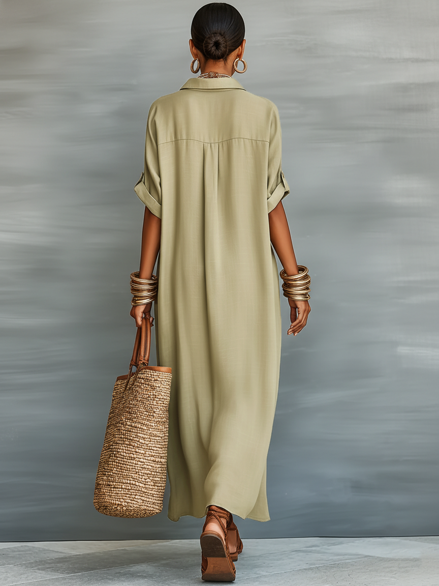 Women's Minimalist Linen Blend Short-sleeved Shirt Maxi Dress MDZ0647A2Y - Seldom Seen Styles