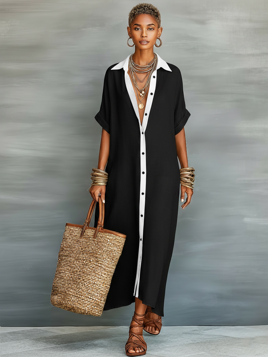 Women's Minimalist Linen Blend Short-sleeved Shirt Maxi Dress MDZ0647A2Y - Seldom Seen Styles