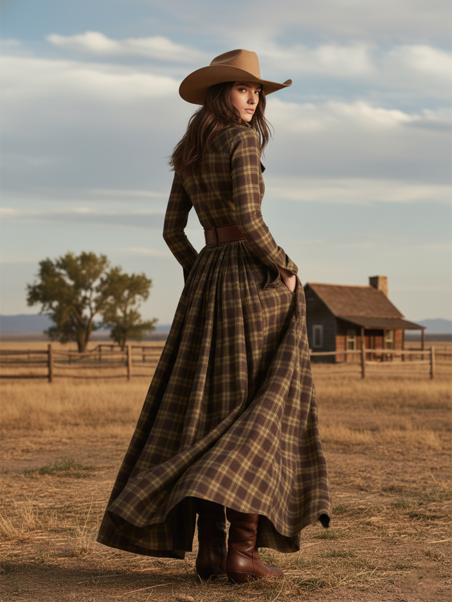 Retro Ethnic Style Lapel Reddish Brown Plaid Maxi Dress - Seldom Seen Styles