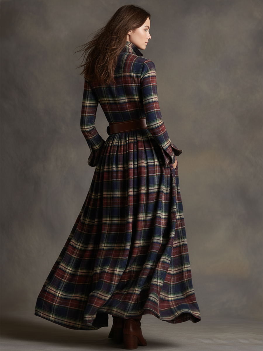 Retro Ethnic Style Lapel Reddish Brown Plaid Maxi Dress - Seldom Seen Styles