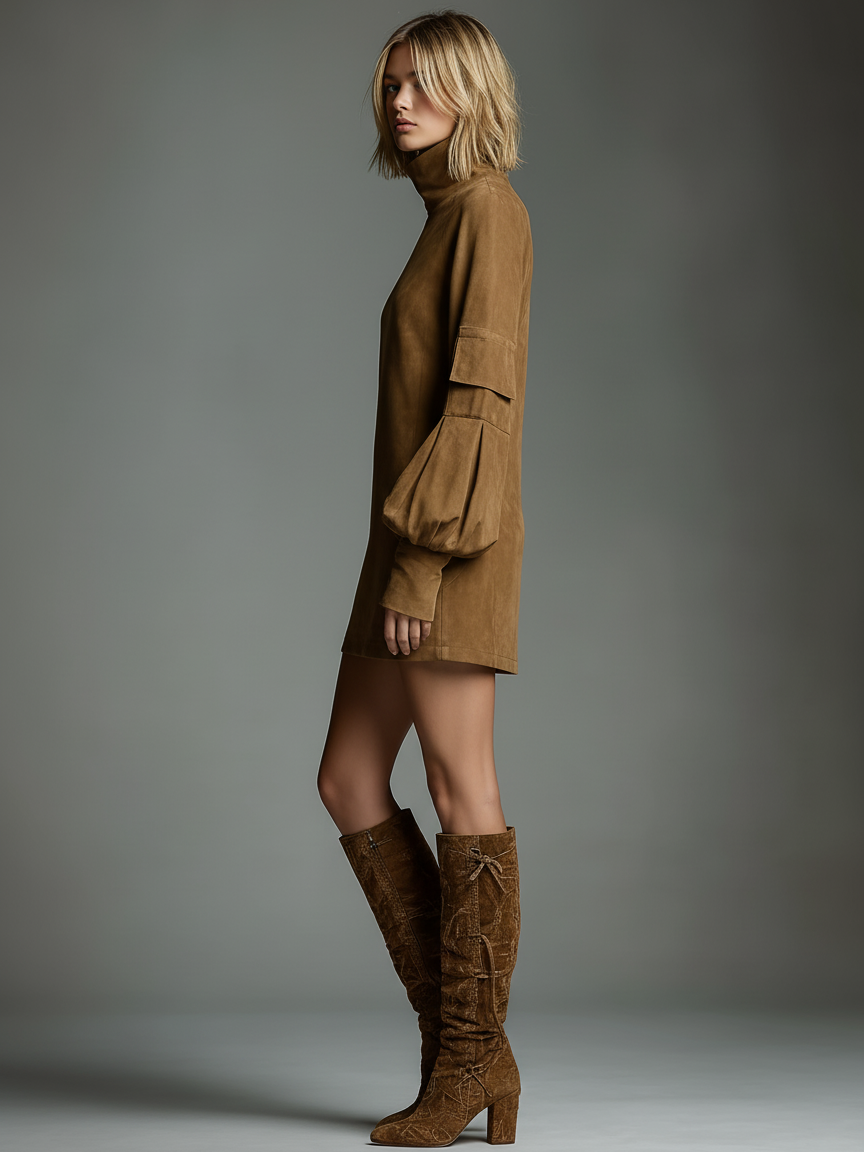 Women's Vintage Loose Suede Turtleneck Mini Dress MDA1693H3Y - Seldom Seen Styles