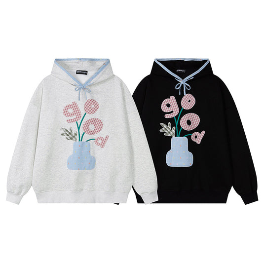 "Gingham Flower Vase Chenille Patchwork Hoodie" - Seldom Seen Styles