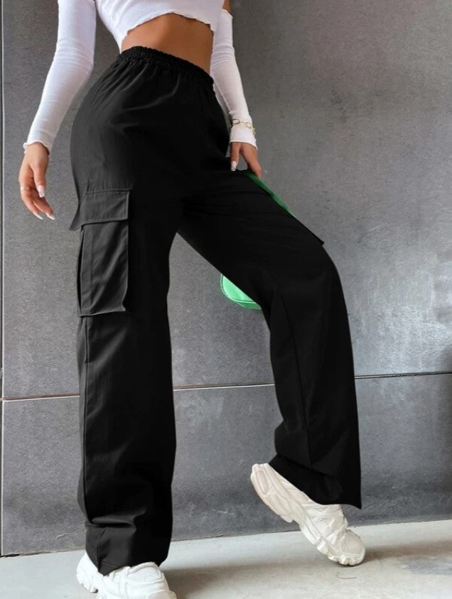 Girl's Elastic Waist Trousers Loose Straight Leg Flap Pocket Cargo Pants - Seldom Seen Styles