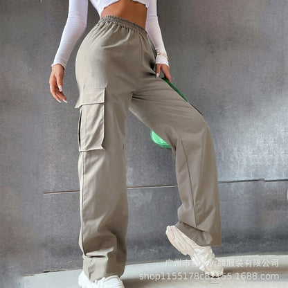 Girl's Elastic Waist Trousers Loose Straight Leg Flap Pocket Cargo Pants