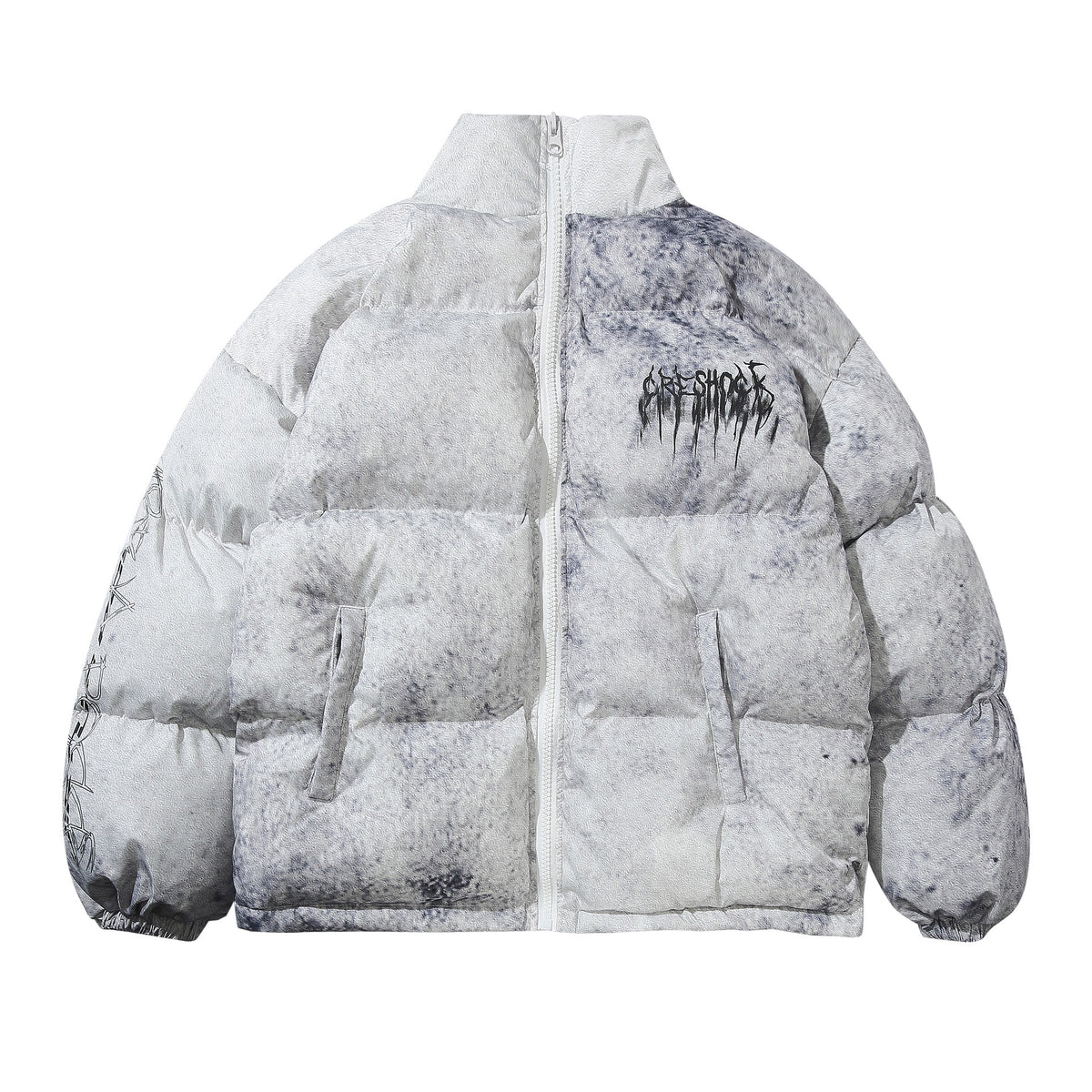 Gothic Metal Lettering Spray Wash Puffer Jacket - Seldom Seen Styles