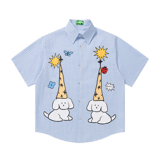 Graphic Dog Giraffe Print Plaid Shirt Short Sleeve Oversized Button Down Casual Summer Streetwear Shirt | Pup Plaid Shirt - Seldom Seen Styles