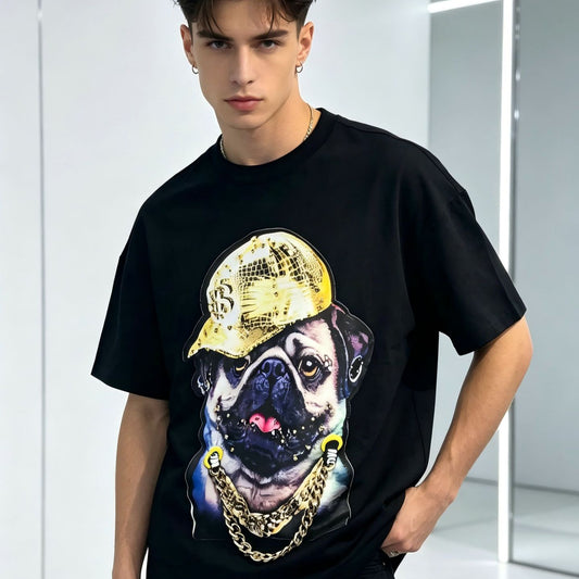 Graphic Print Short Sleeve T-Shirt Gold Chain Bulldog Oversized Loose Fit Heavy Industry Streetwear Couple Summer Casual Tee | Chain Pup Tee - Seldom Seen Styles