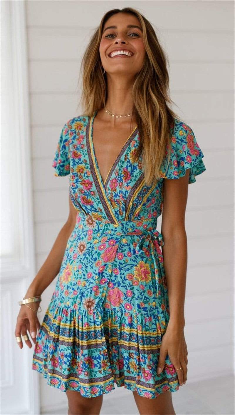Green Boho Floral Print Mini Dress - Seldom Seen Styles