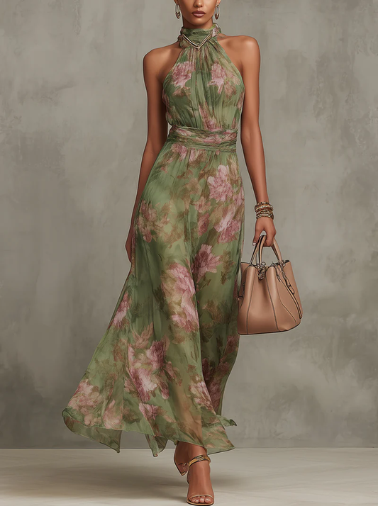 Green Floral Chiffon Halter Maxi Dress - Seldom Seen Styles