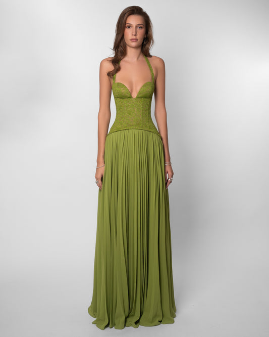 Green Floral Lace Maxi Dress Women Corset Bodice Pleated Skirt Elegant Evening Formal Party Gown - Seldom Seen Styles