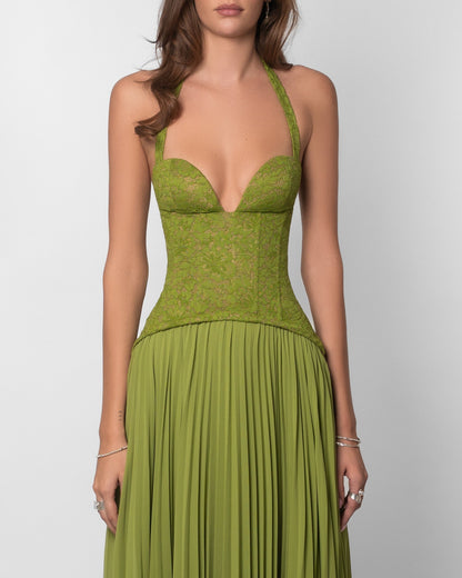Green Floral Lace Maxi Dress Women Corset Bodice Pleated Skirt Elegant Evening Formal Party Gown