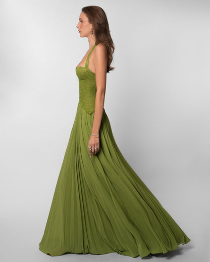 Green Floral Lace Maxi Dress Women Corset Bodice Pleated Skirt Elegant Evening Formal Party Gown
