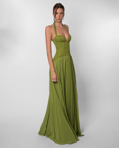 Green Floral Lace Maxi Dress Women Corset Bodice Pleated Skirt Elegant Evening Formal Party Gown