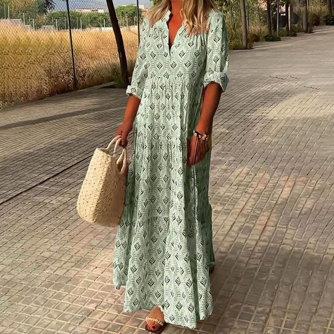Women's V-Neck Boho Print Maxi Dress - Loose Fit Straight Cut Long Sleeve Cotton Gown - Seldom Seen Styles