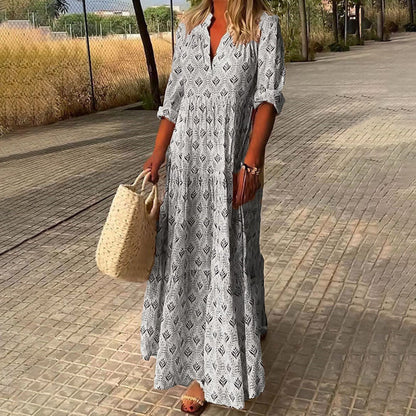 Damen Maxikleid mit V-Ausschnitt und Boho-Print – lockere Passform, gerader Schnitt, Langarm, Baumwolle