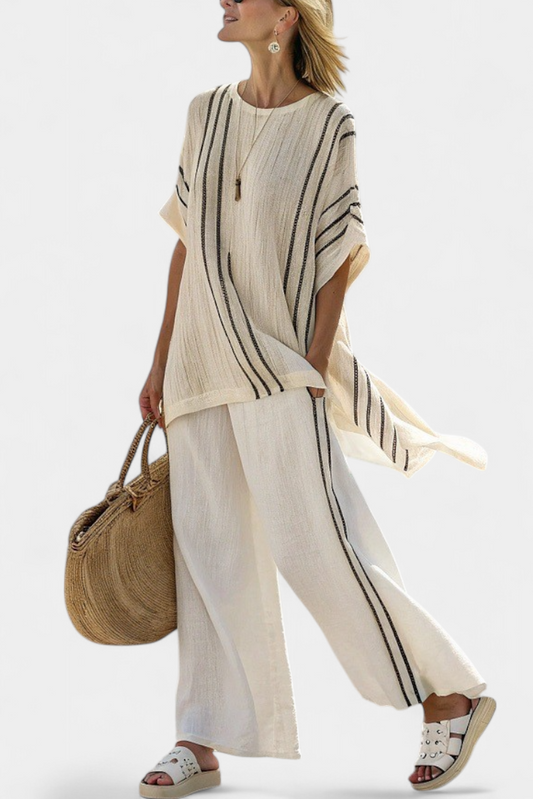 Greysen | Elegant Ivory Linen Blouse & Black Striped Pants - Seldom Seen Styles