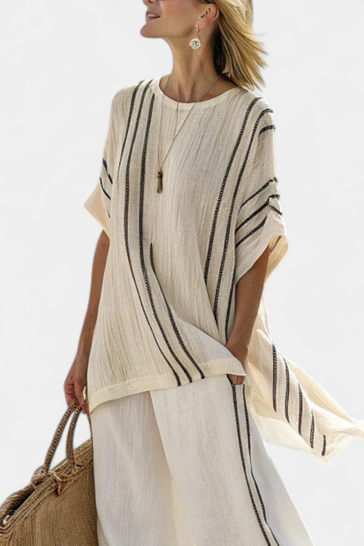 Greysen | Elegant Ivory Linen Blouse & Black Striped Pants - Seldom Seen Styles