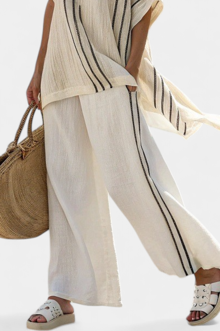 Greysen | Elegant Ivory Linen Blouse & Black Striped Pants - Seldom Seen Styles