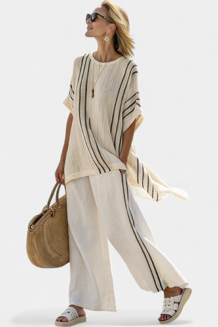 Greysen | Elegant Ivory Linen Blouse & Black Striped Pants - Seldom Seen Styles